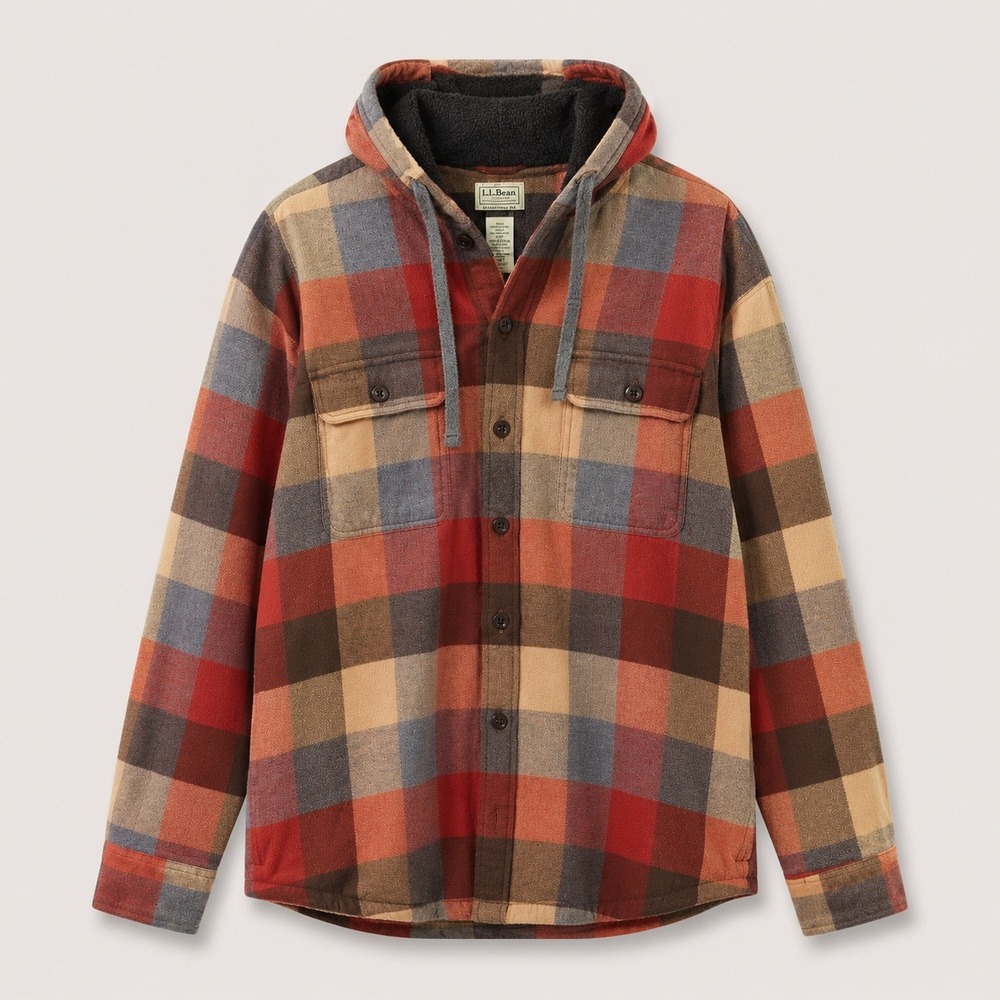 LL Bean Mens Large Traditional Fit Fleece Lined Hooded Flannel Shirt 298193